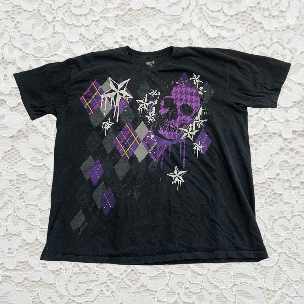 vintage cyber y2k punk scene skull graphic argyle short sleeve graphic tee